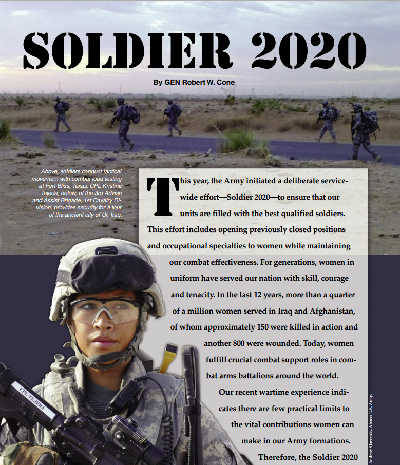 Il caporal maggiore scelto dell'esercito degli Stati Uniti Kristine Tejeda: (Fonte: http://www.ausa.org/publications/armymagazine/archive/2013/11/Documents/Cone_Nov2013.pdf)